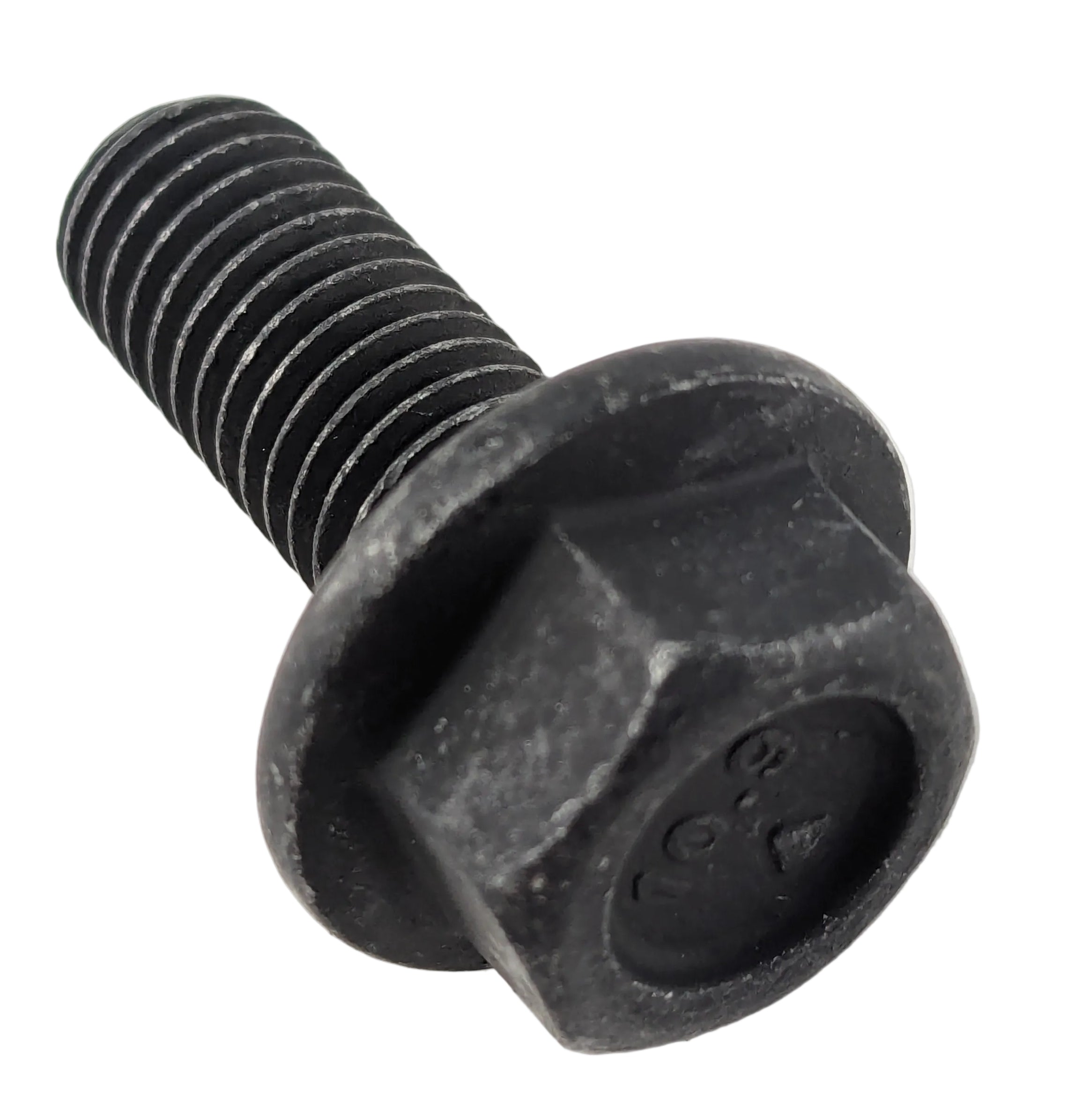 Black hex flange head screw with coarse threading, measuring 25mm length, metal finish.