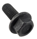 Black hex flange head screw with coarse threading, measuring 25mm length, metal finish.
