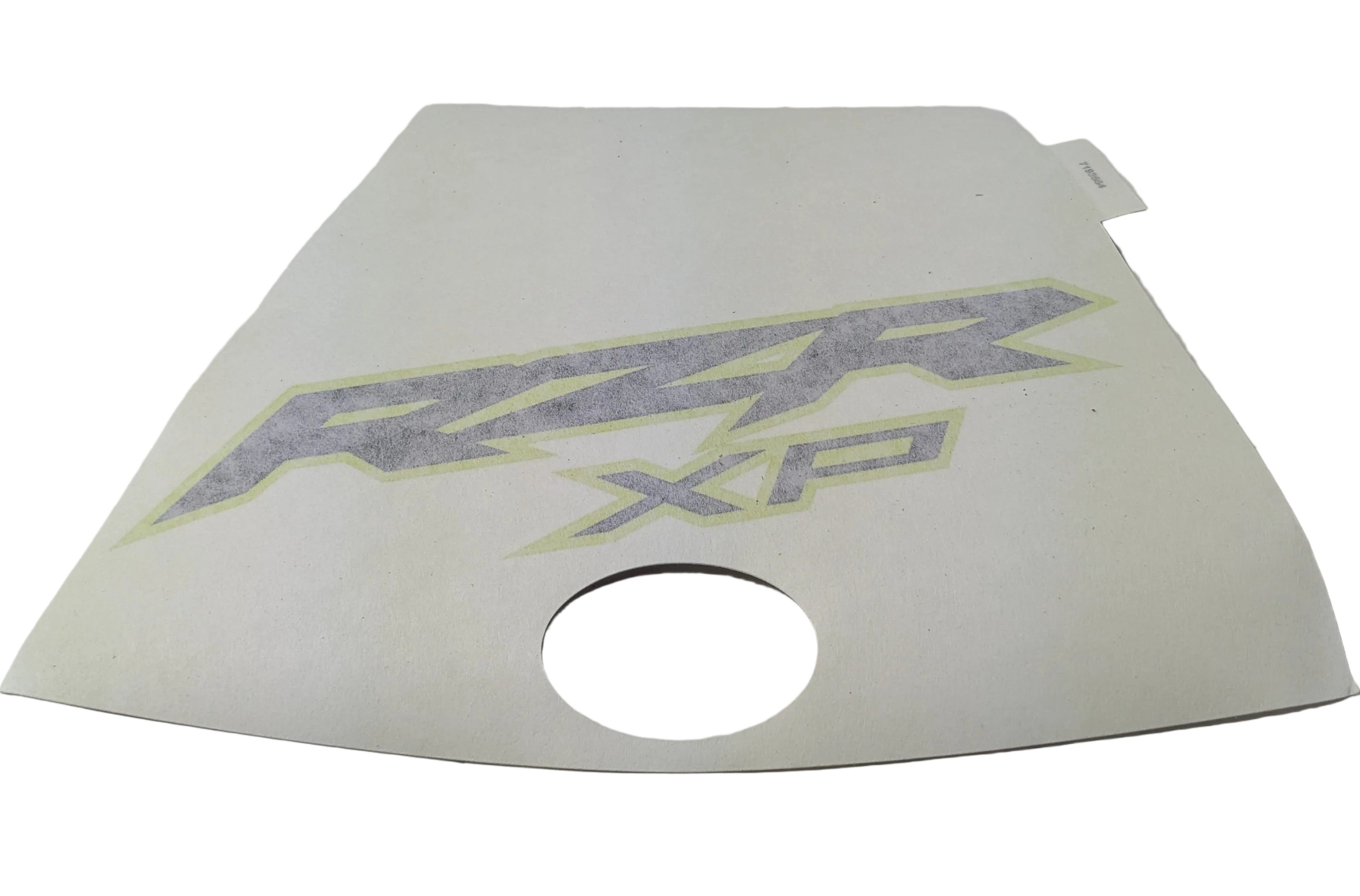 White triangular center hood decal with gray and blue "RZR XP" lettering and a circular cutout near the bottom center.