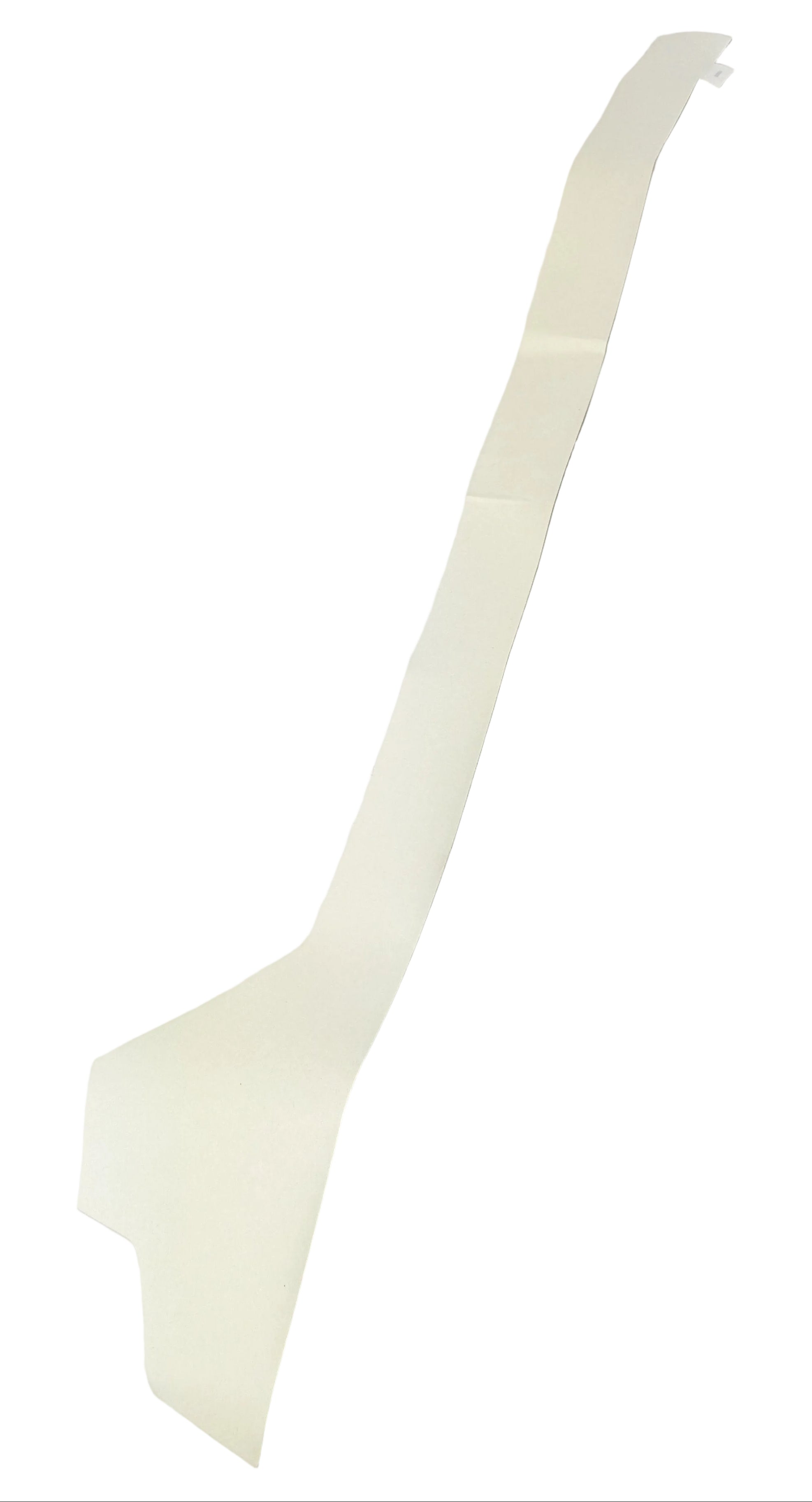 White elongated right upper door decal with angular cutouts and adhesive backing.