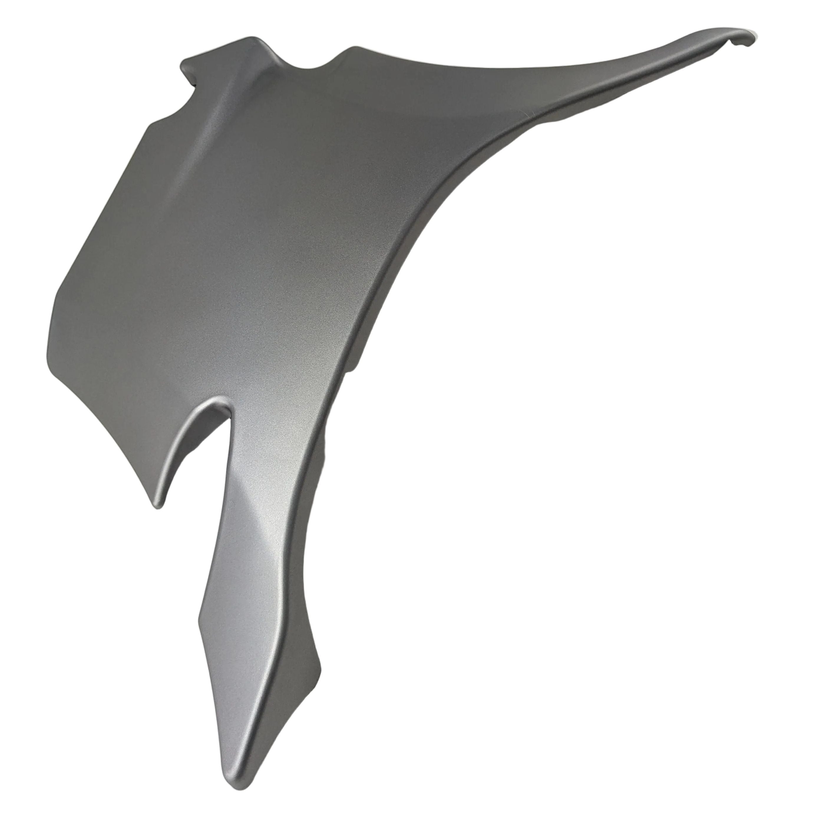 Matte gray upper left body side cover with smooth, aerodynamic contours and mounting holes.