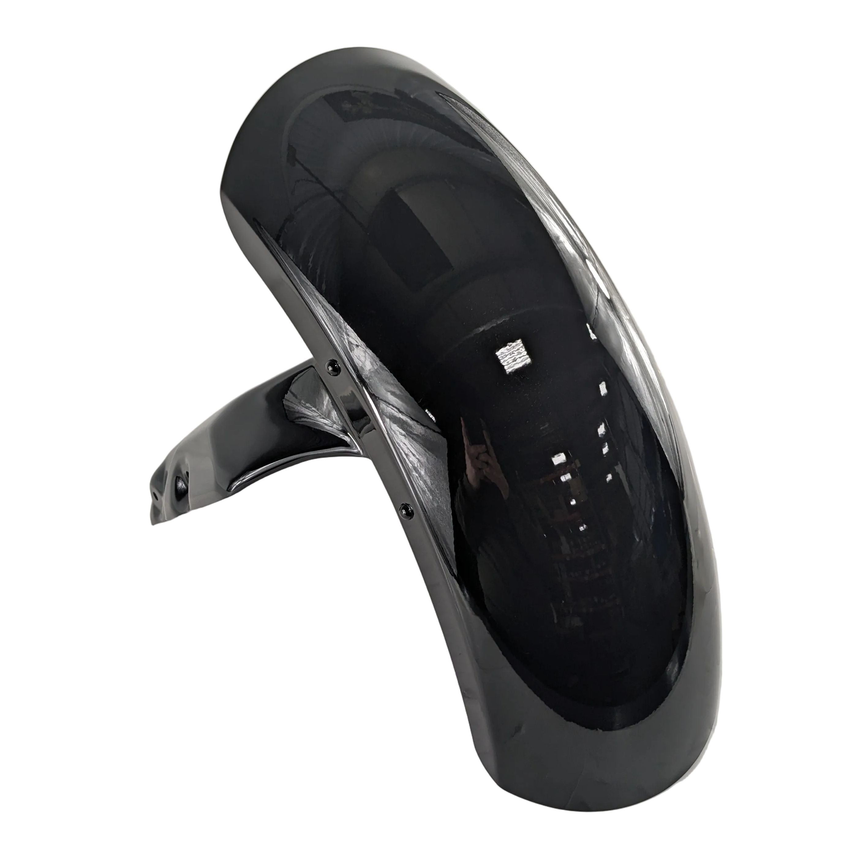 Glossy black front motorcycle fender with smooth curved design and mounting brackets.