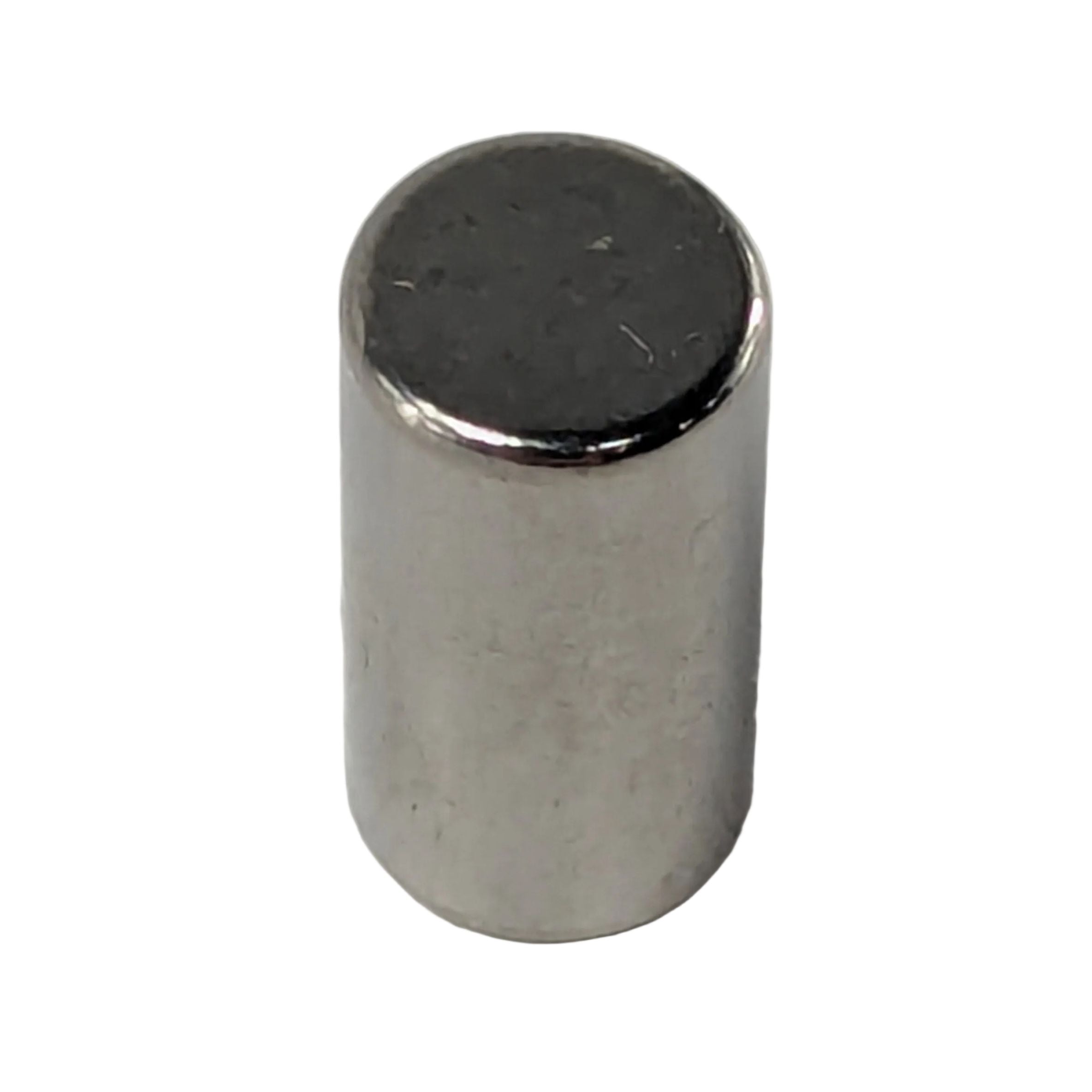 Small cylindrical metal dowel pin with a smooth, shiny silver finish on a white surface.