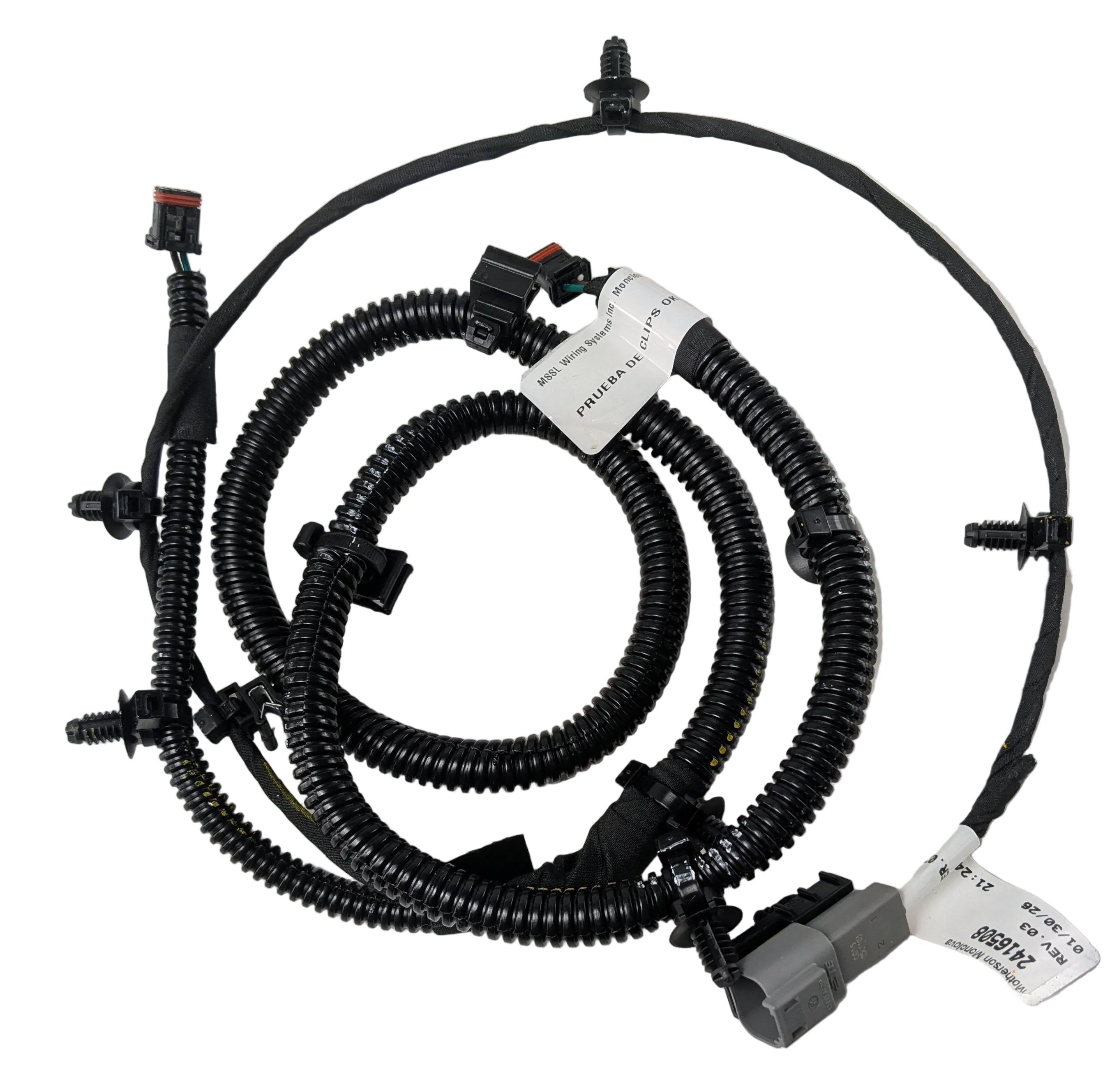 Black coiled auxiliary light harness with connectors and wiring clips for Polaris vehicles.