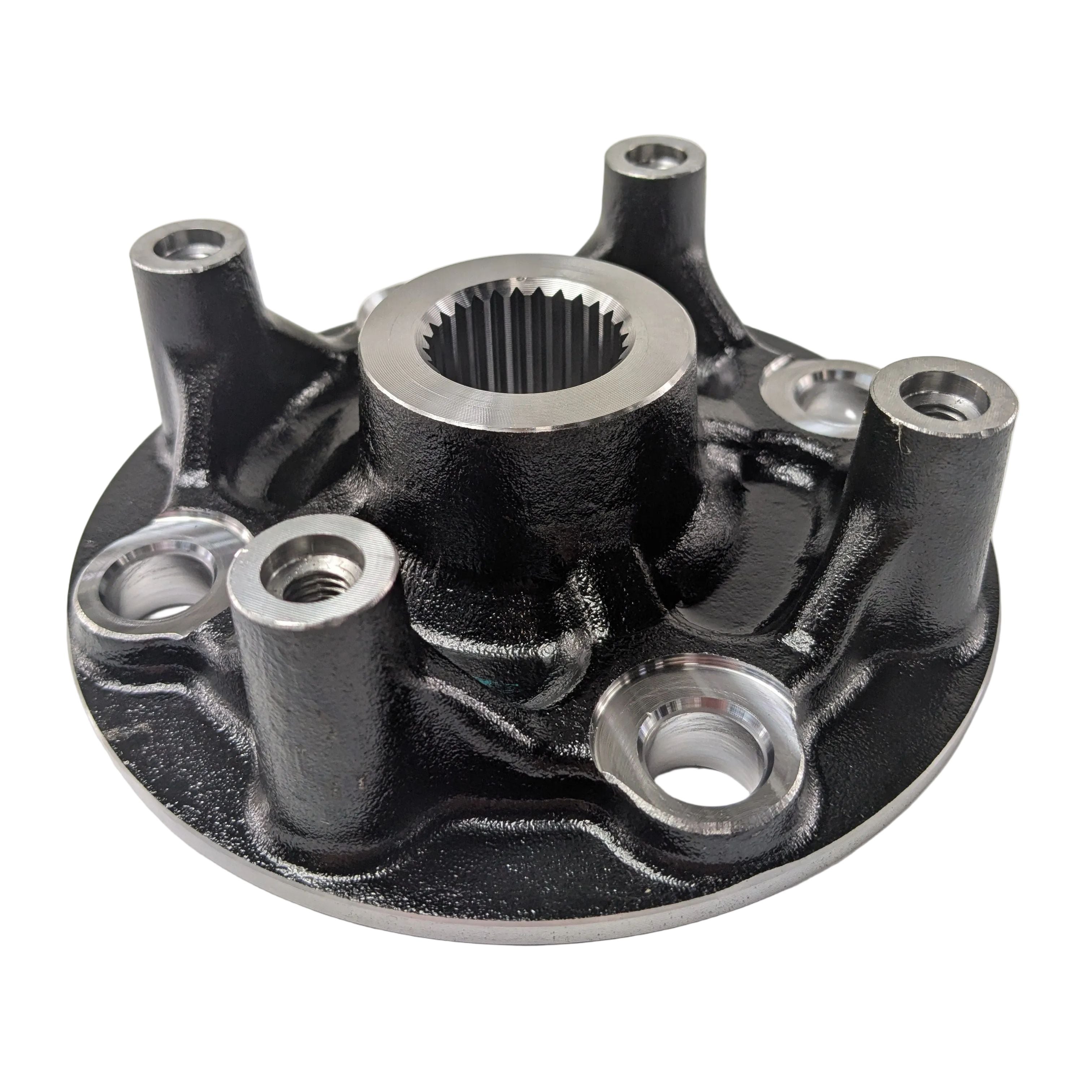 Black metal wheel hub with central splined hole and five bolt holes around the base.