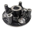 Black metal wheel hub with central splined hole and five bolt holes around the base.