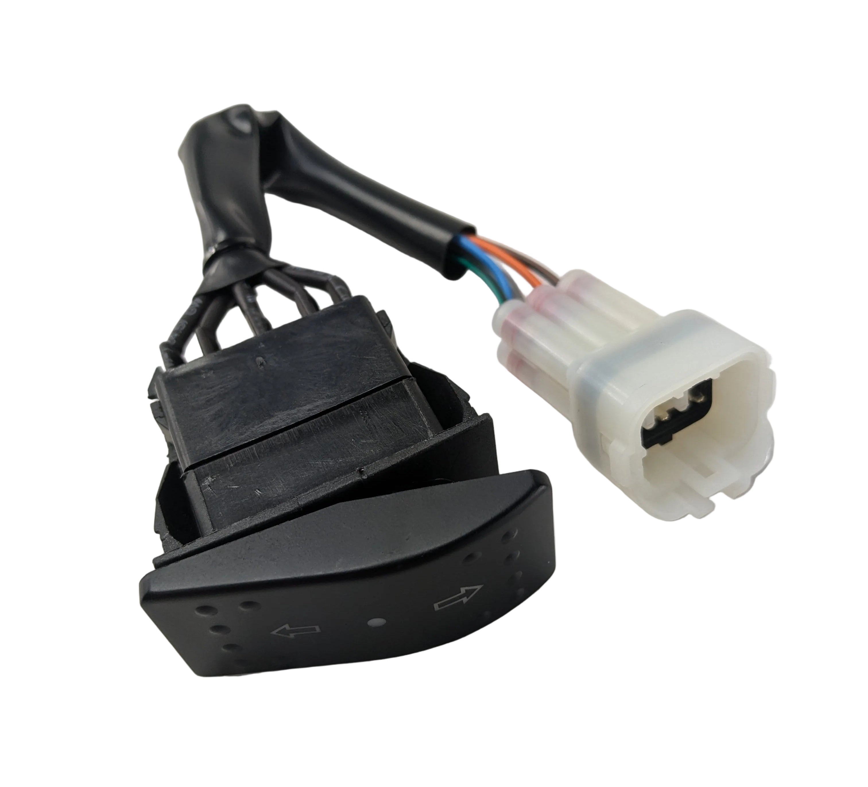 Black plastic turn signal switch with rocker button and multicolored wires connected to white plastic connector.