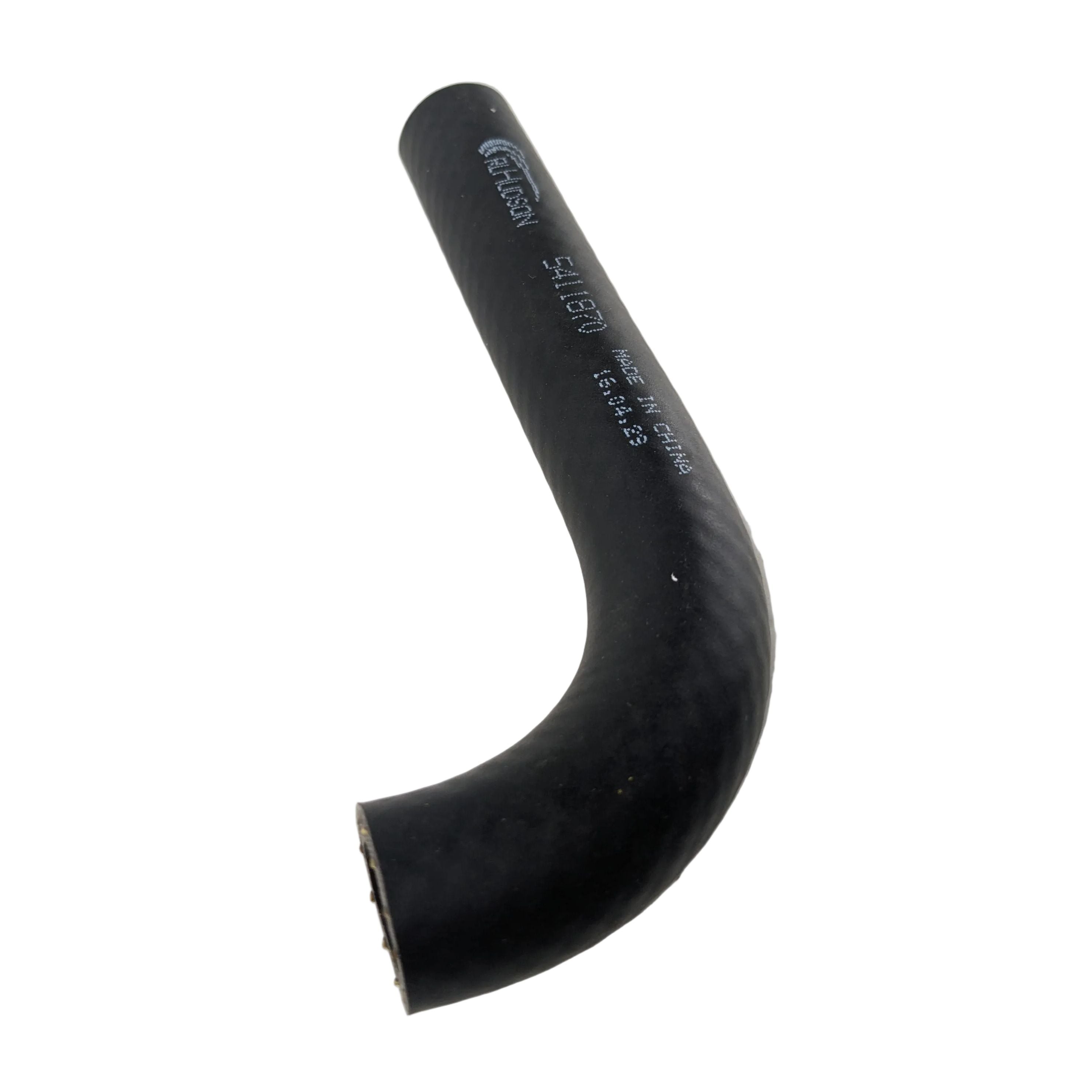 Black rubber fuel hose with a curved L-shape and printed white text on surface.