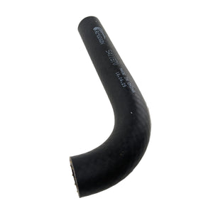 Black rubber fuel hose with a curved L-shape and printed white text on surface.