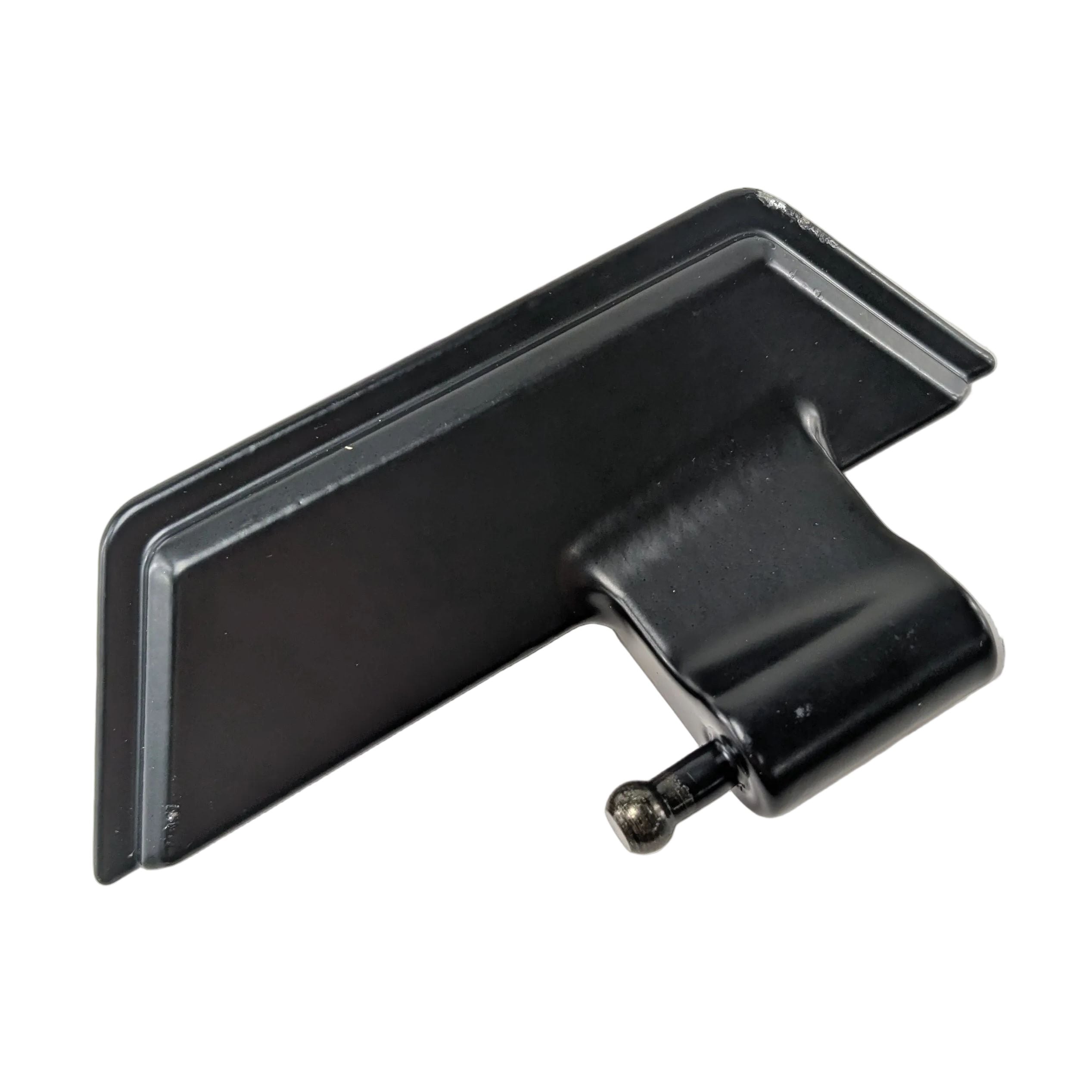 Black cast metal hinge with a flat rectangular mounting plate and a cylindrical pivot arm with a screw attachment.