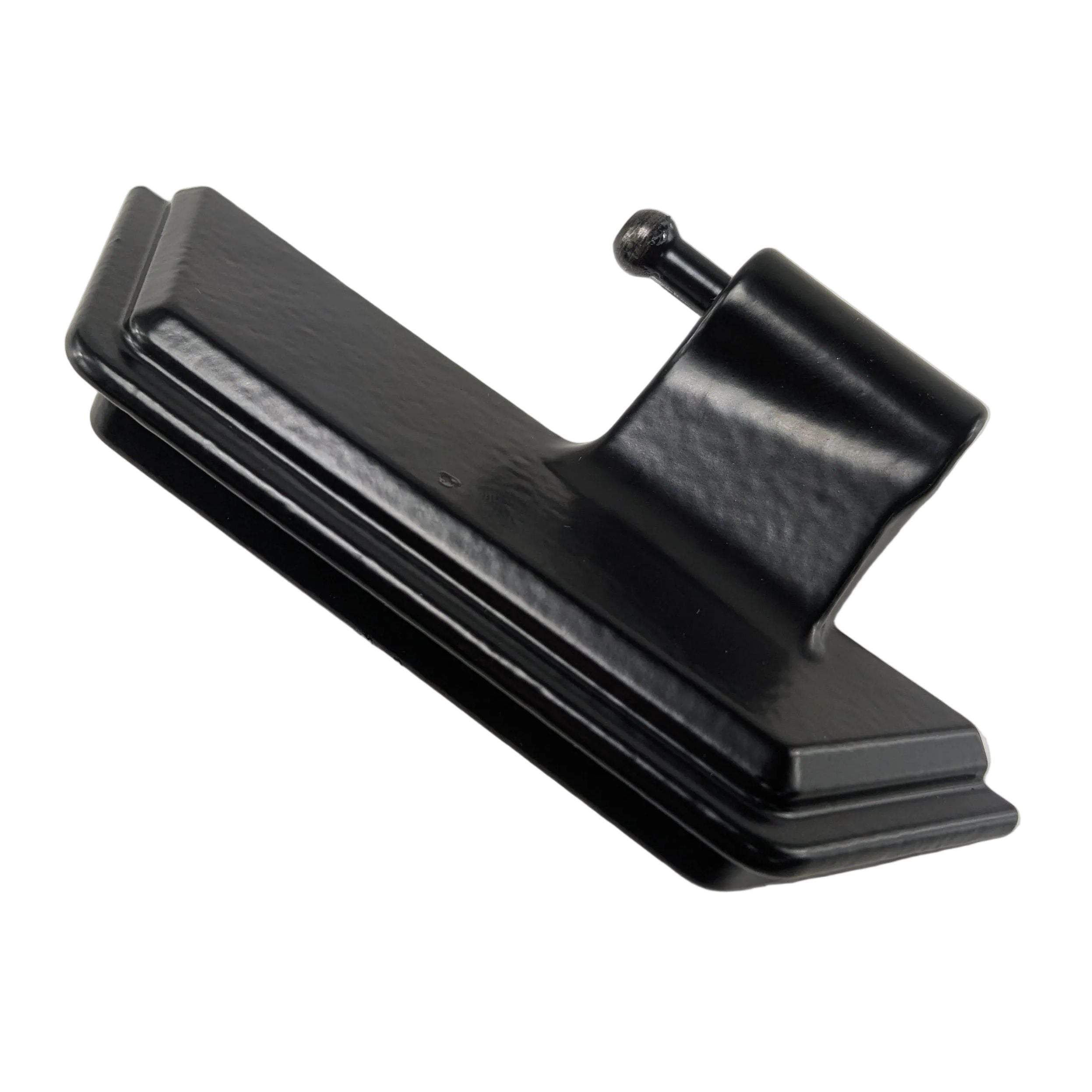 Black cast metal hinge with mounting pin and flat rectangular base.