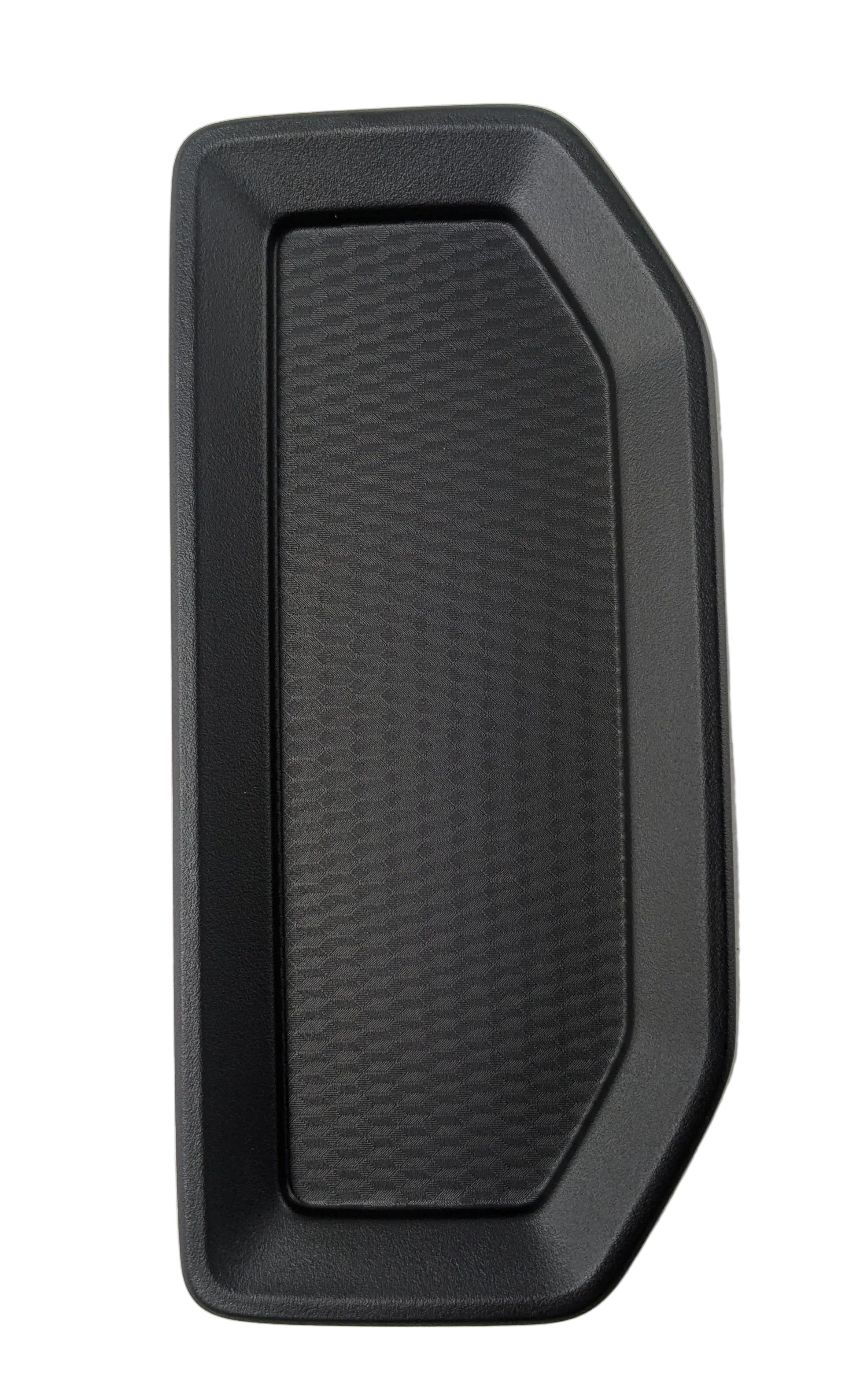 Black rectangular front outlet cover with textured center panel and smooth outer frame.