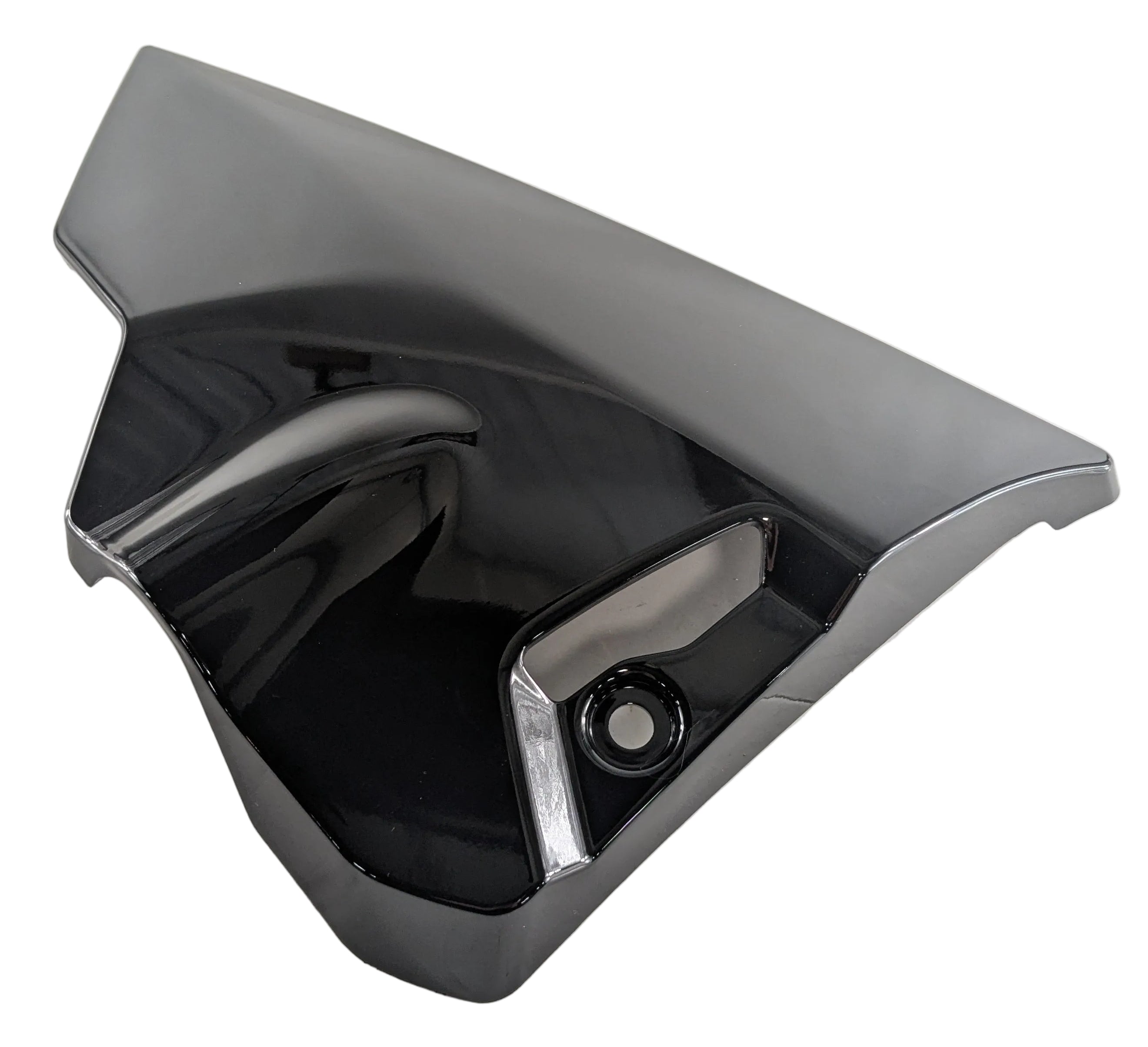 Glossy onyx black motorcycle chin fairing cover with angular design and mounting hardware visible.