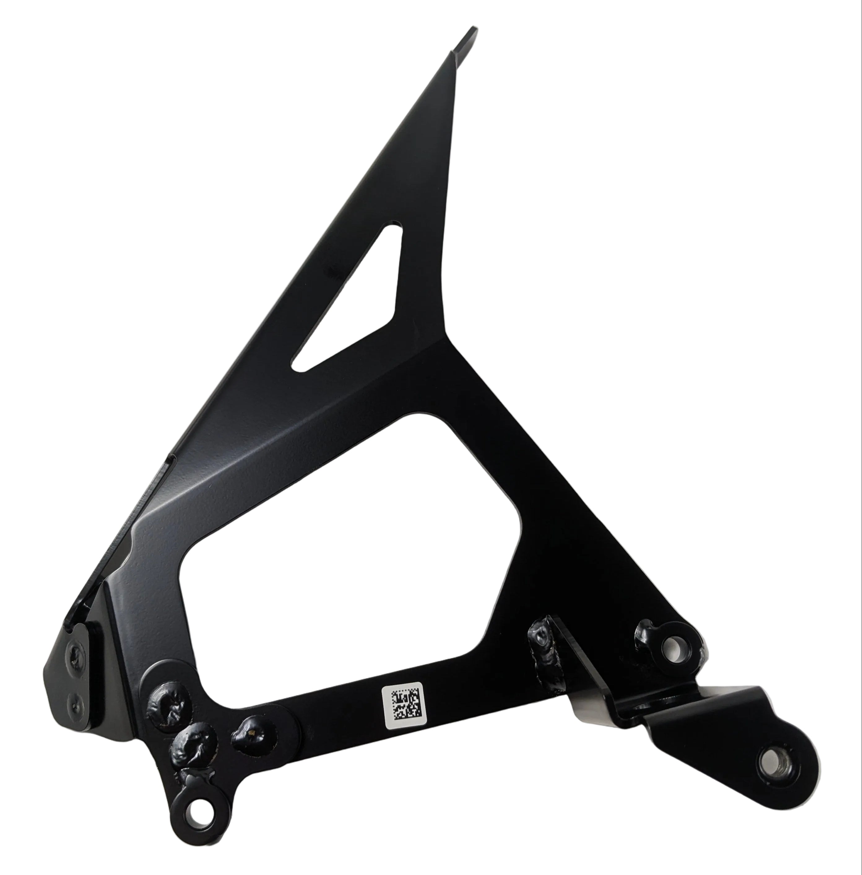 Matte black angled metal bracket with triangular frame and mounting holes for motorcycle chin fairing.