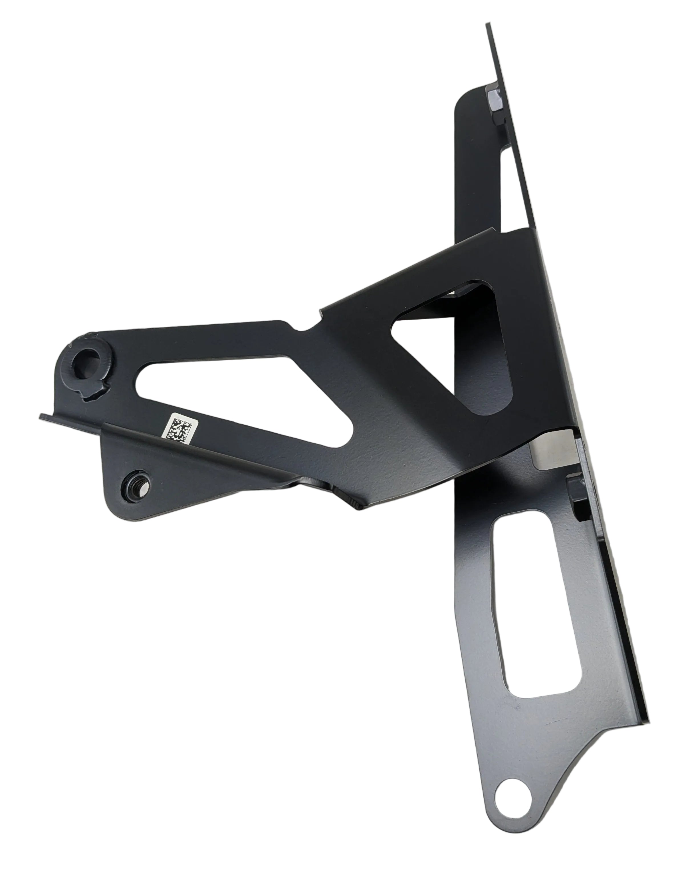 Black metal chin fairing bracket with angular cutouts and mounting holes for motorcycle use.