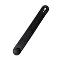 Black metal motorcycle clamp with rounded end and keyhole slot on opposite end.