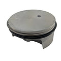 Silver metal piston with attached black rings and clip grooves, round and smooth top surface.