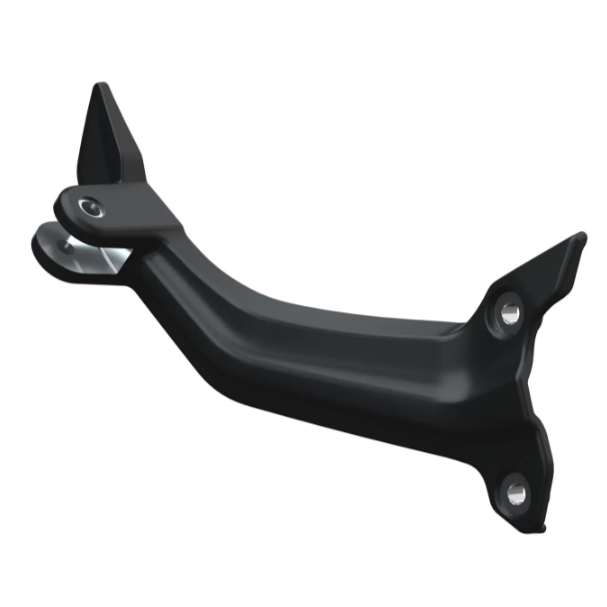 Matte black metal passenger foot peg mount with two bolt holes and angled design for high exhaust fitment.