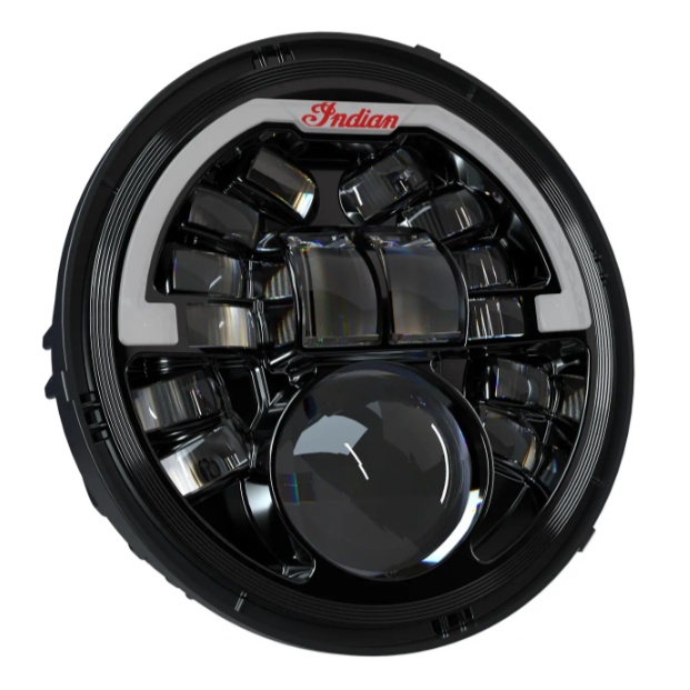 Black 5 ¾ inch round LED motorcycle headlight with adaptive light design and red Indian logo.