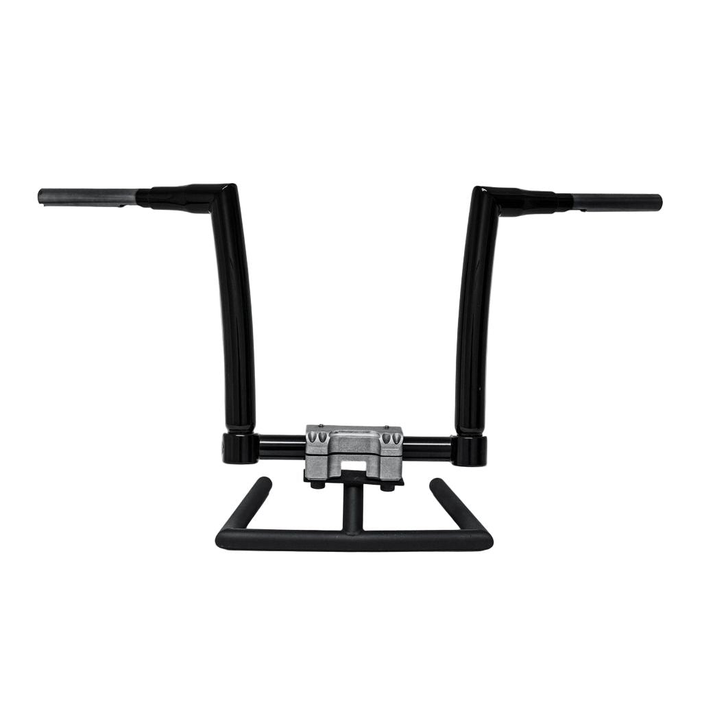 Pathfinder Handlebars for 2014-2017 Indian by KST Kustoms are shown from the front with a silver mounting clamp, highlighting their wide, angular design, raised grips, and rectangular base against a white background.