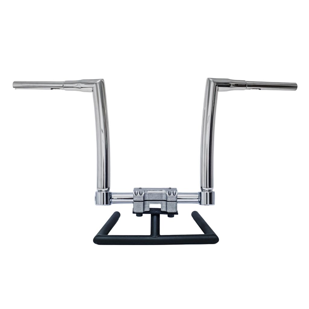 Pathfinder Handlebars for 2014-2017 Indian by KST Kustoms feature a unique upward and outward chrome design, mounted on a metal base with black padded support, set against a white background—ideal for riders wanting style and adjustability.
