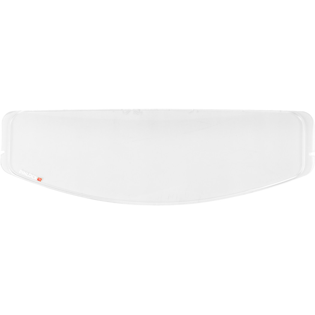 Clear curved Pinlock® 70 anti-fog motorcycle helmet lens with smooth edges and universal fit tabs.