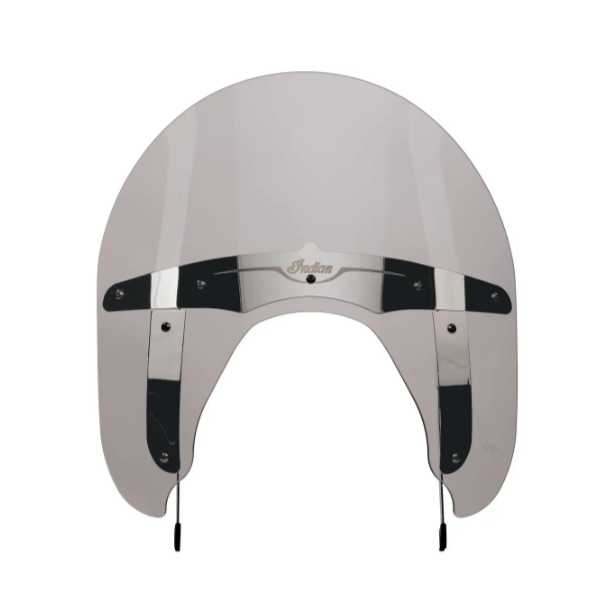 Tinted polycarbonate motorcycle windshield with chrome quick-release brackets and contoured bottom edge.