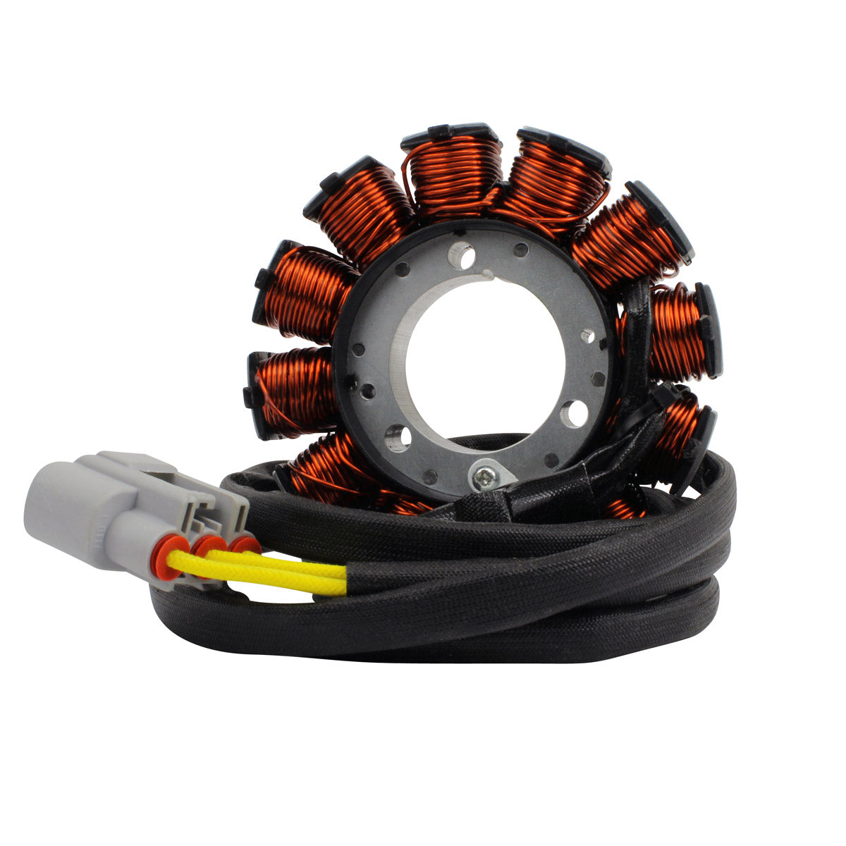 Copper wire coil stator with circular metal core and attached black wiring harness with gray connector.