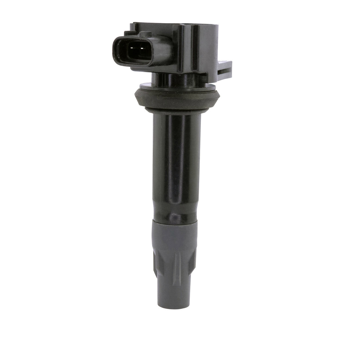 Black ignition stick coil with rectangular electrical connector and cylindrical rubber boot at the base.
