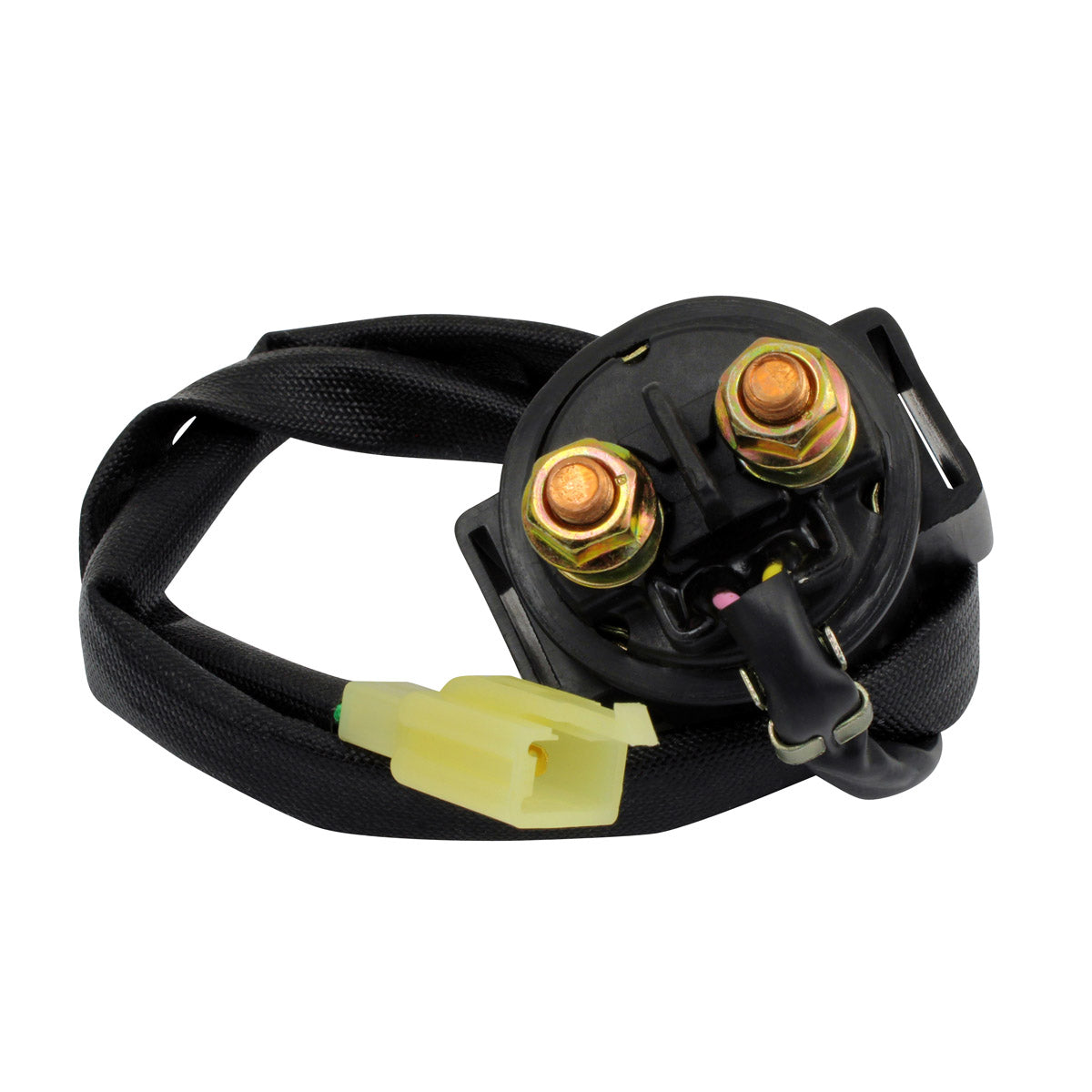 Black starter relay solenoid with two copper terminals and attached black wiring harness ending in a yellow plastic.