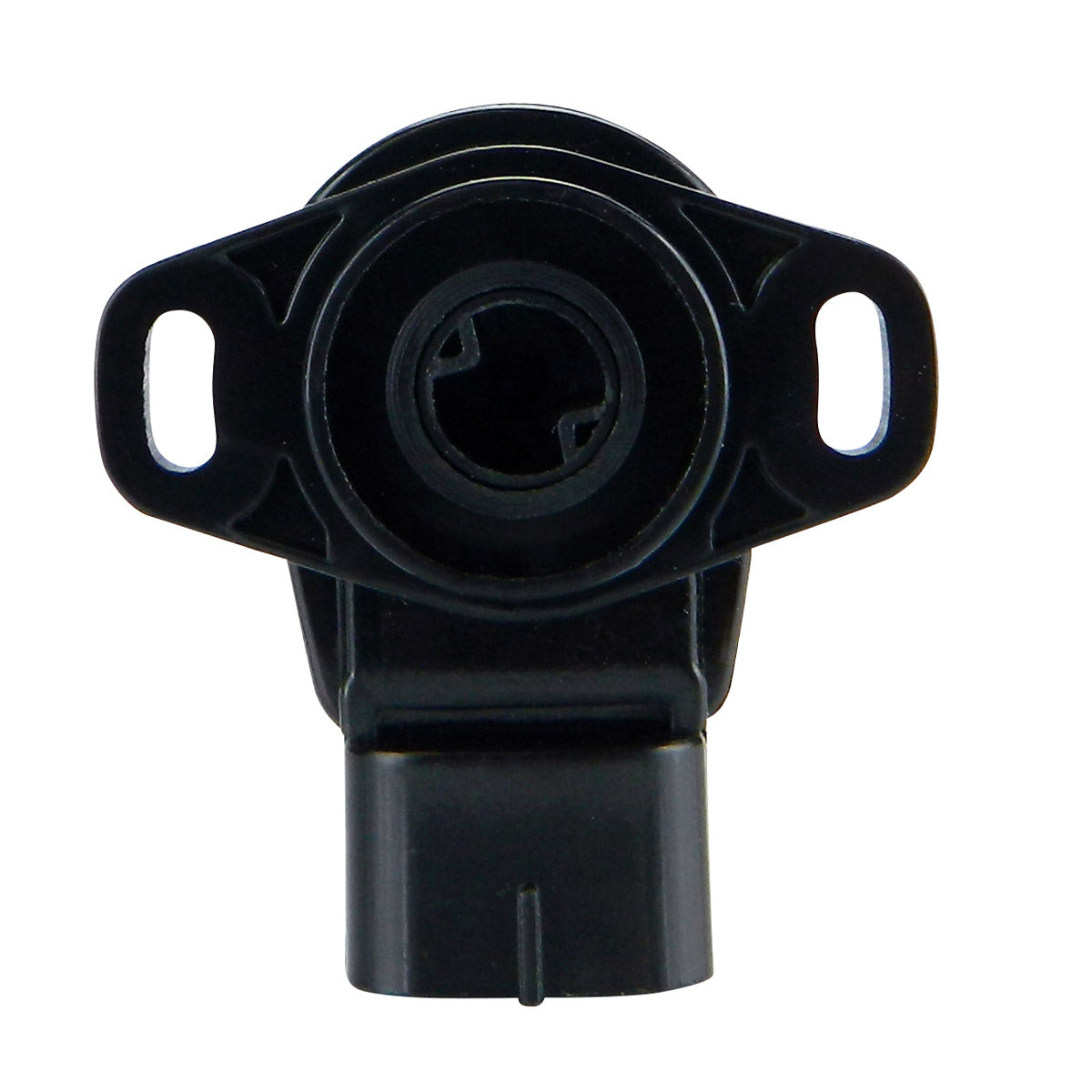 Black plastic throttle position sensor with circular center and dual mounting holes on sides.