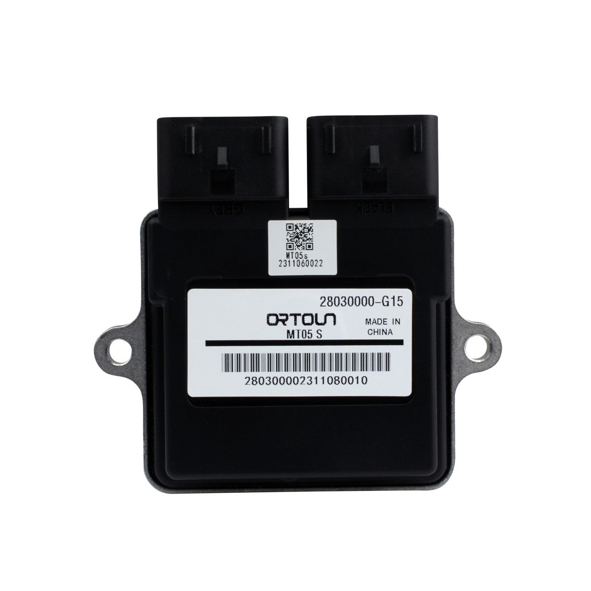 Black rectangular engine control unit with two black connector ports and a white label on the front.