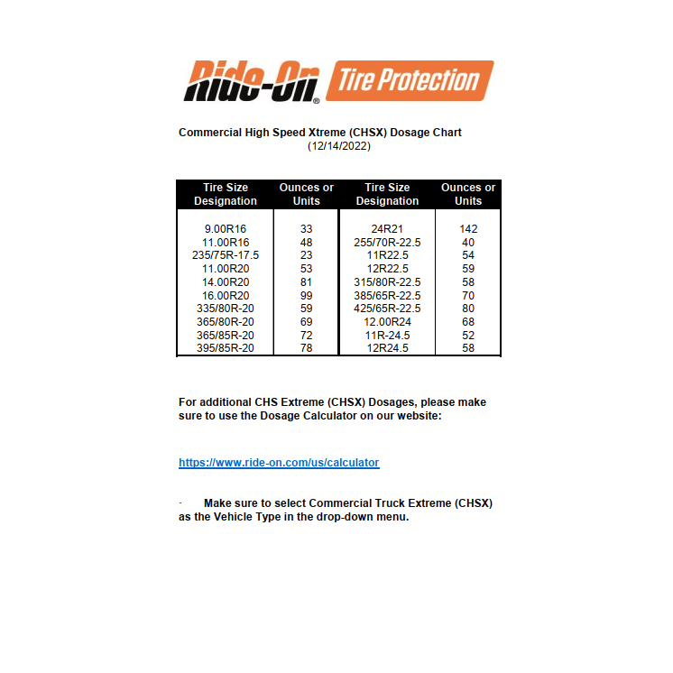 A dosage chart for the Tire Balancer and Sealant 8oz by Ride On lists tire sizes with corresponding ounces or units for Commercial High Speed Xtreme (CHSX) sealant. Website and additional dosage instructions are provided.