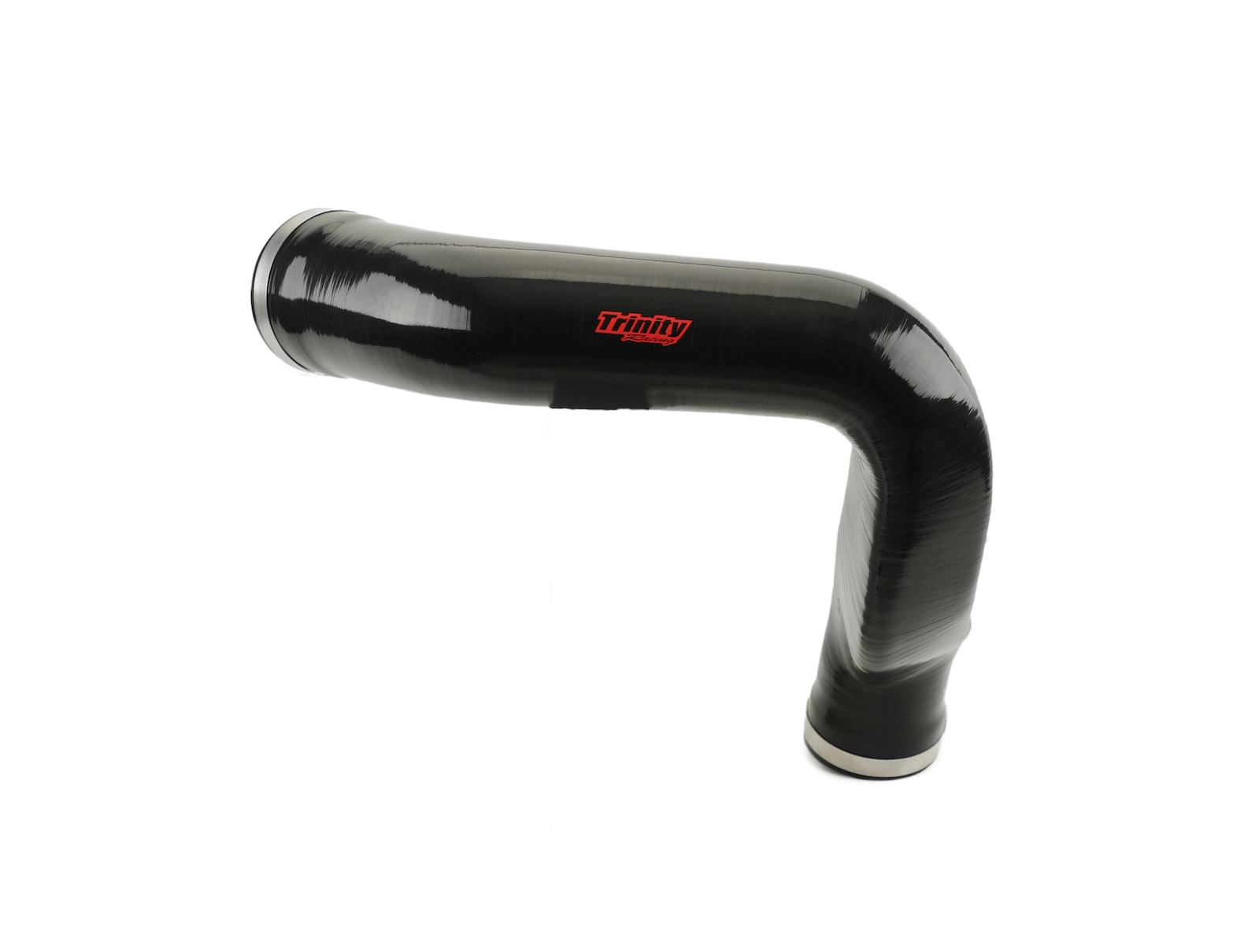The Rzr Pro Xp / Turbo R Upgraded Intake Tube by Trinity Racing is a black, L-shaped silicone tube with a red and white Trinity logo on top, shown against a white background.