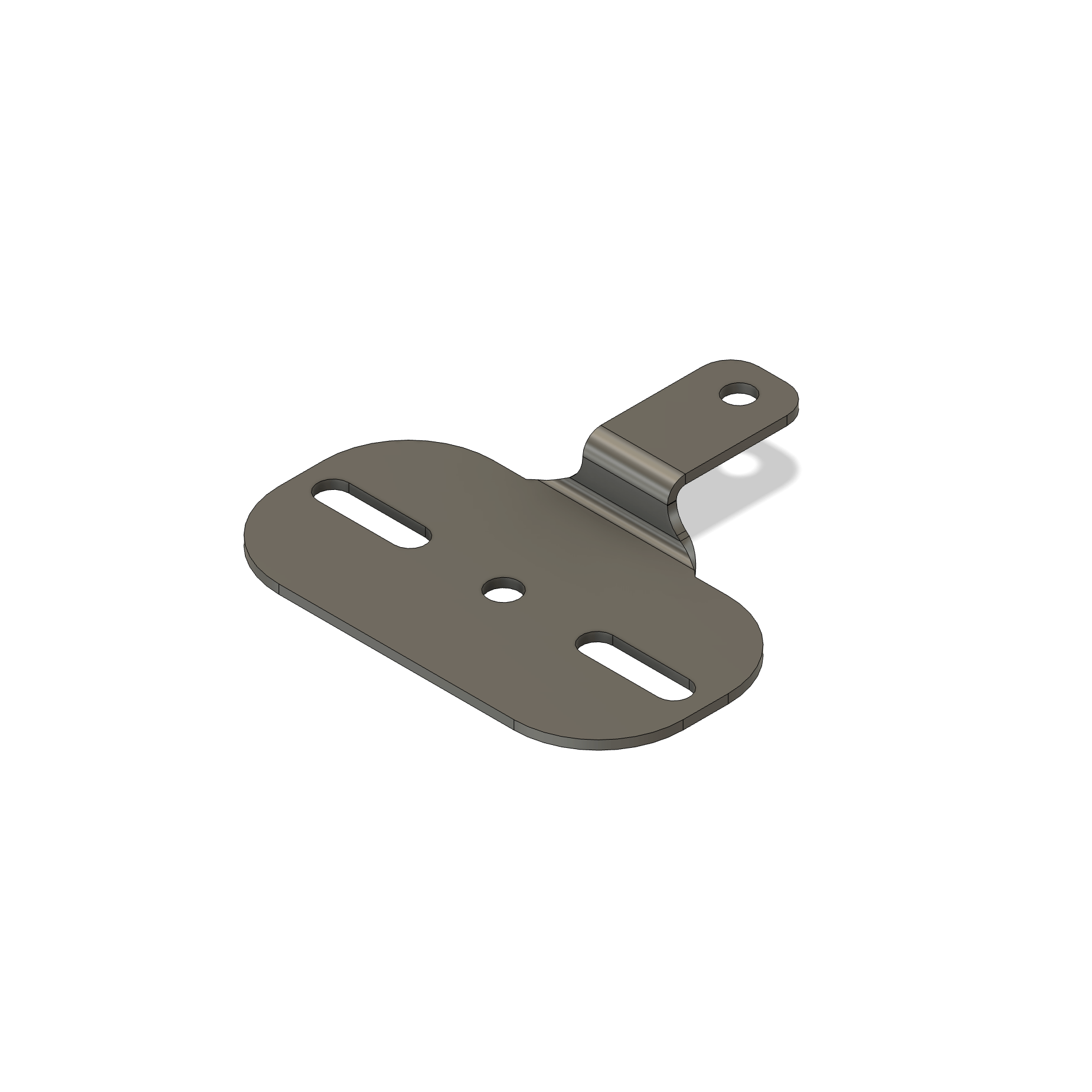The Desert Whips Rock Light Mount B by StayFlush is a metal bracket with a flat base featuring two oval slots, a central round hole, and an angled tab with one round hole—ideal for securely mounting your Desert Whips or Rock Lights.
