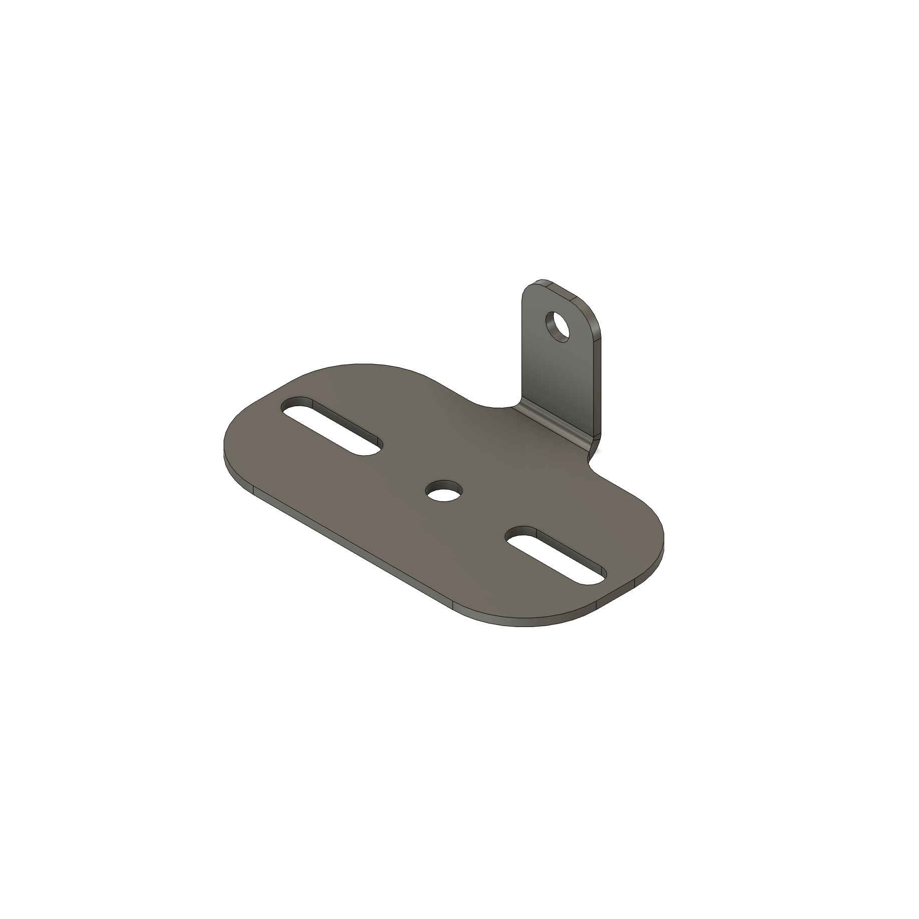 The Desert Whips Rock Light Mount C by StayFlush features a flat, rounded metal base with two elongated slots, a central hole, and a perpendicular tab with a round hole—perfect for mounting one rock light or desert whip securely.