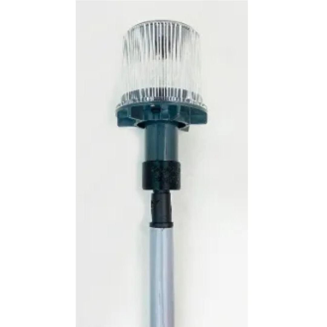 The Red, White, Blue Solar Beacon by 5150 Whips features a clear ribbed plastic light fixture mounted on a gray pole, shown against a plain white background.