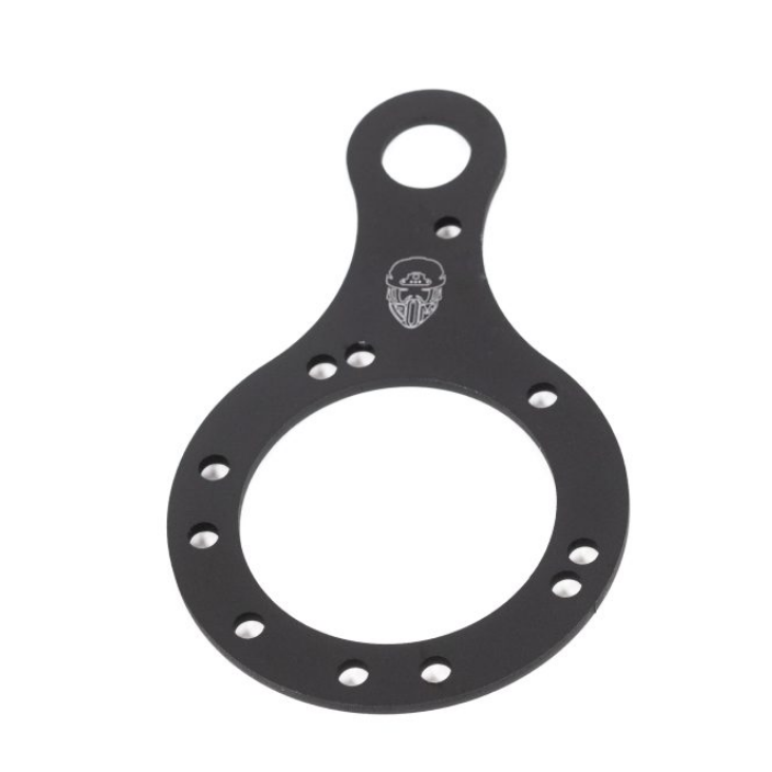 The Single Push to Talk Mount by Black Ops Machine is a black, flat metal plate with a large circular opening, smaller edge holes, and a handle-like extension featuring an engraved logo. Perfect for use with radio communication systems.