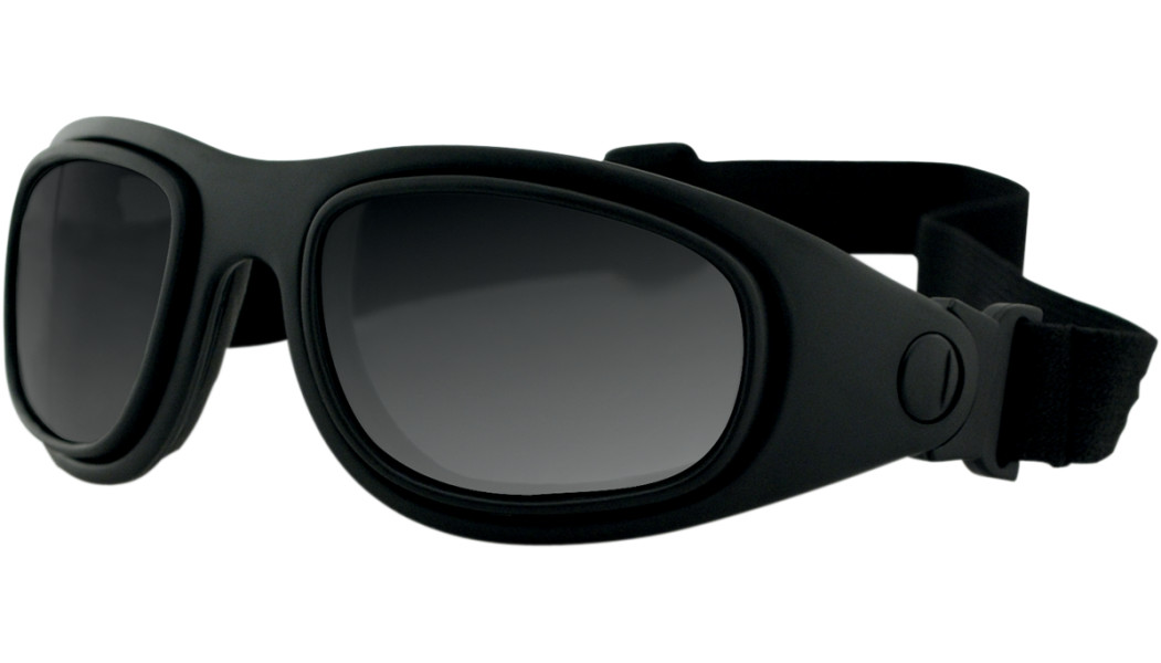 Matte black convertible sunglasses with large oval tinted lenses and adjustable black strap.