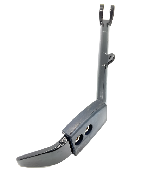 A Stock Length Black Kickstand by Polaris, with a gray finish, two holes, and a curved angled end, photographed on a white background.