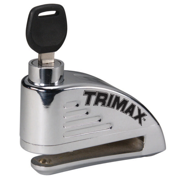 Chrome disc lock with 7mm pin, TRIMAX logo, and black key inserted.