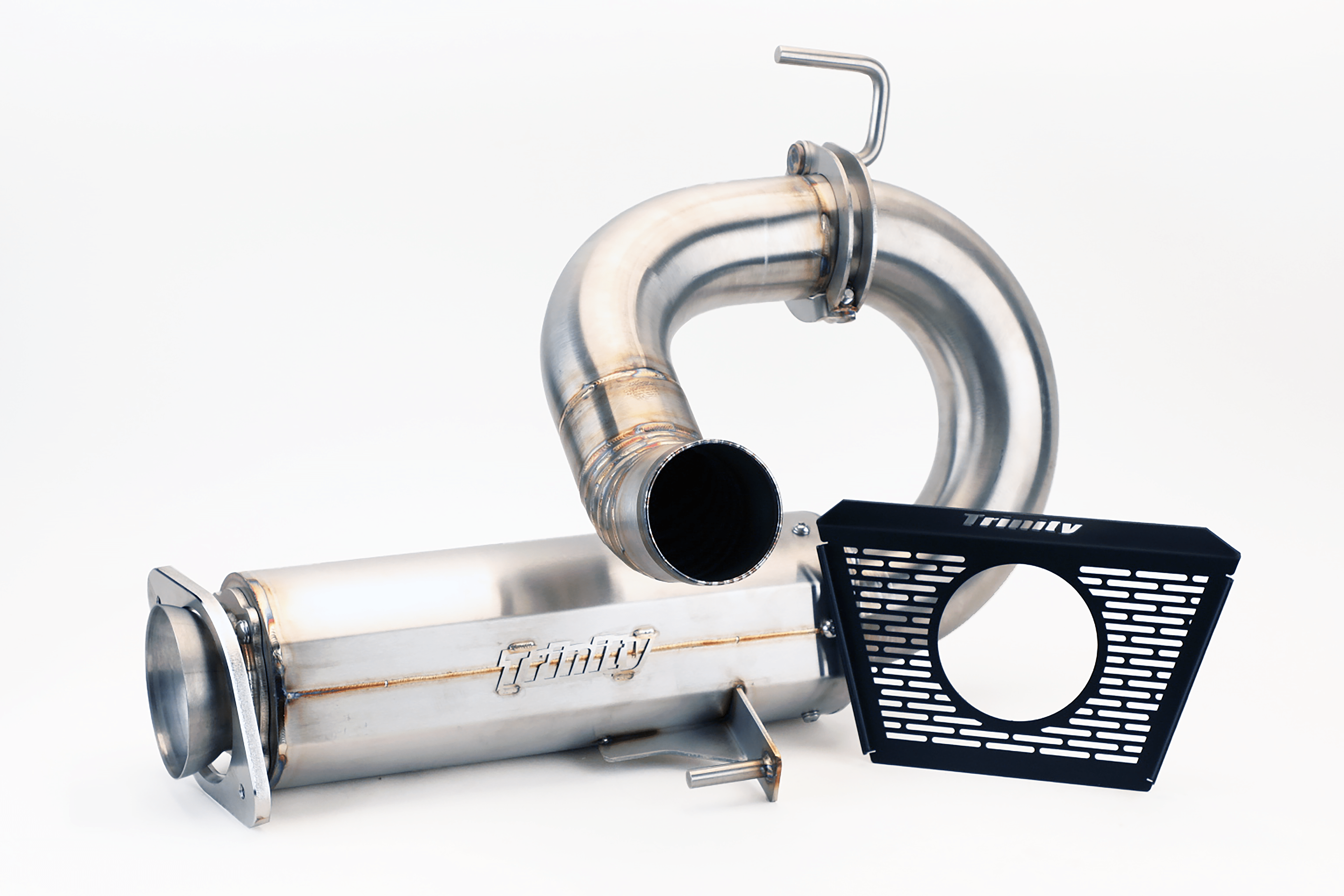The Rzr Pro R Center Exit Slip-On Exhaust by Trinity Racing is a stainless steel set for Polaris Pro R, with curved and straight welded pipes and a black grille labeled Trinity, shown on a white background.