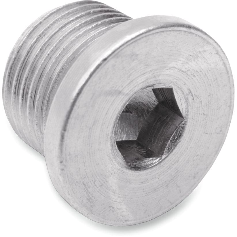 A close-up of the 18Mm O2 Sensor Plug by Trinity Racing, a silver metal hex socket pipe plug with threaded sides and flat top, designed to seal an O2 sensor bung or act as a threaded bung plug.