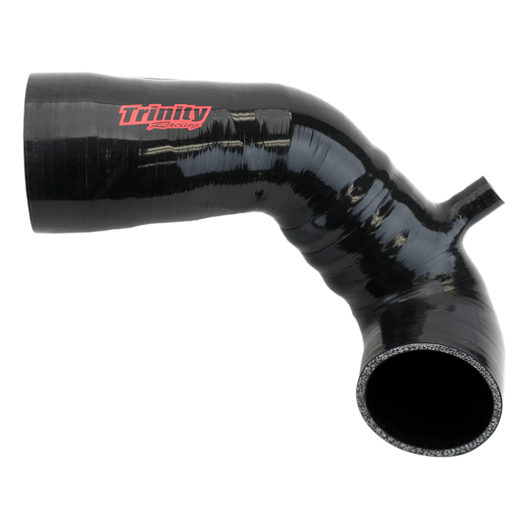 The Maverick R Intake Tube by Trinity Racing is a black, curved silicone tube with a smaller side tube and a red Trinity Racing logo, designed to optimize turbo airflow.