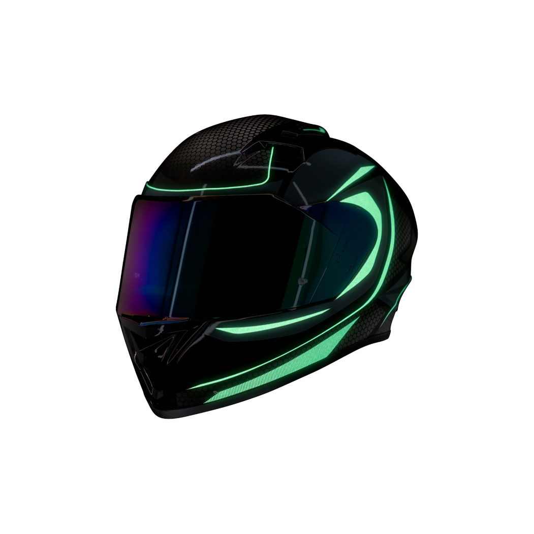 Black full-face motorcycle helmet with iridescent blue visor and green neon accents, aerodynamic design.