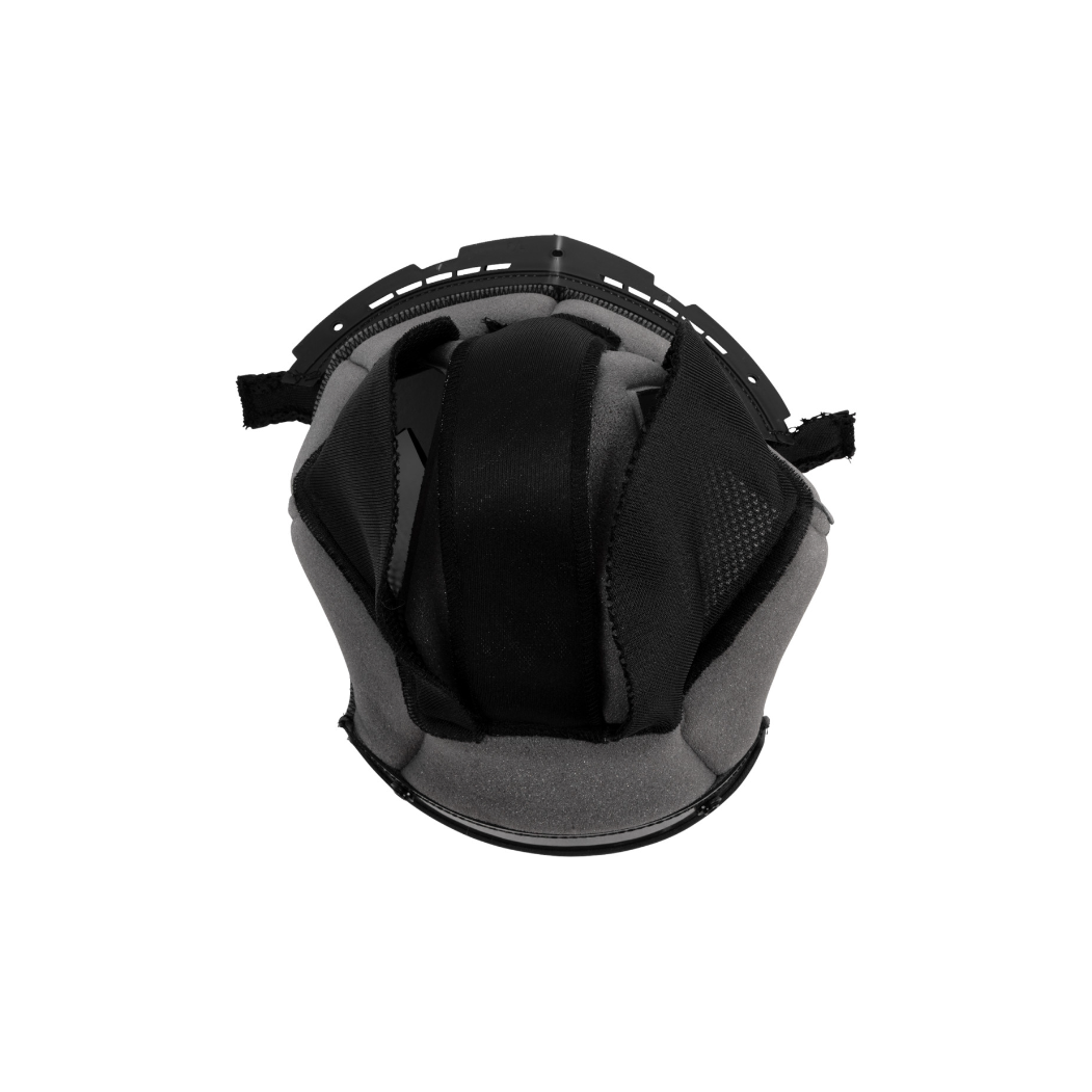 Black and gray motorcycle helmet liner with padded sections and adjustable straps.