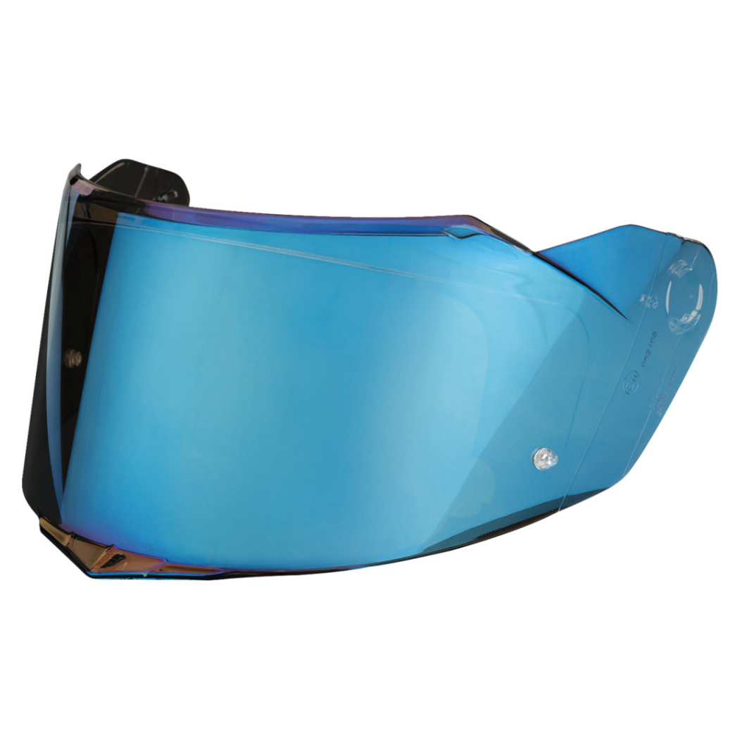 Blue mirrored motorcycle helmet shield with a curved, aerodynamic shape and mounting holes on the sides.