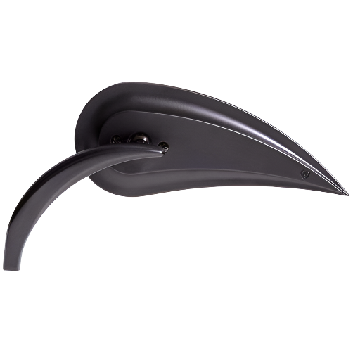 The Mirror Black Die-Cast Rad III Teardrop Style Left Side by Arlen Ness features a sleek, curved design with a smooth black metallic finish, mounted on an oval backplate—echoing the style of classic Arlen Ness mirrors.