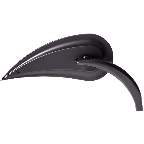 A sleek, modern metallic wall sconce with a curved, elongated teardrop shape and smooth black finish—reminiscent of the Mirror Black Die-Cast Rad III Teardrop Style Left Side by Arlen Ness.