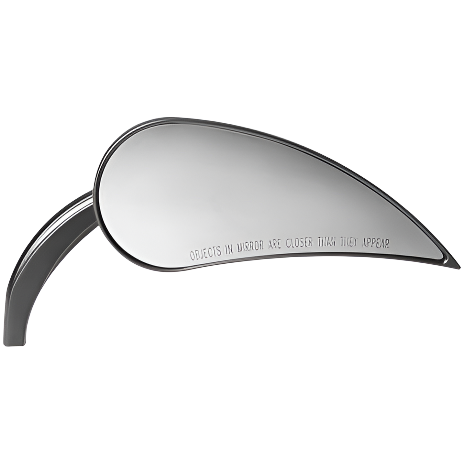The Mirror Black Die-Cast Rad III Teardrop Style Left Side by Arlen Ness features a unique curved design and "Objects in mirror are closer than they appear" etched along the bottom, echoing the brand's signature style.